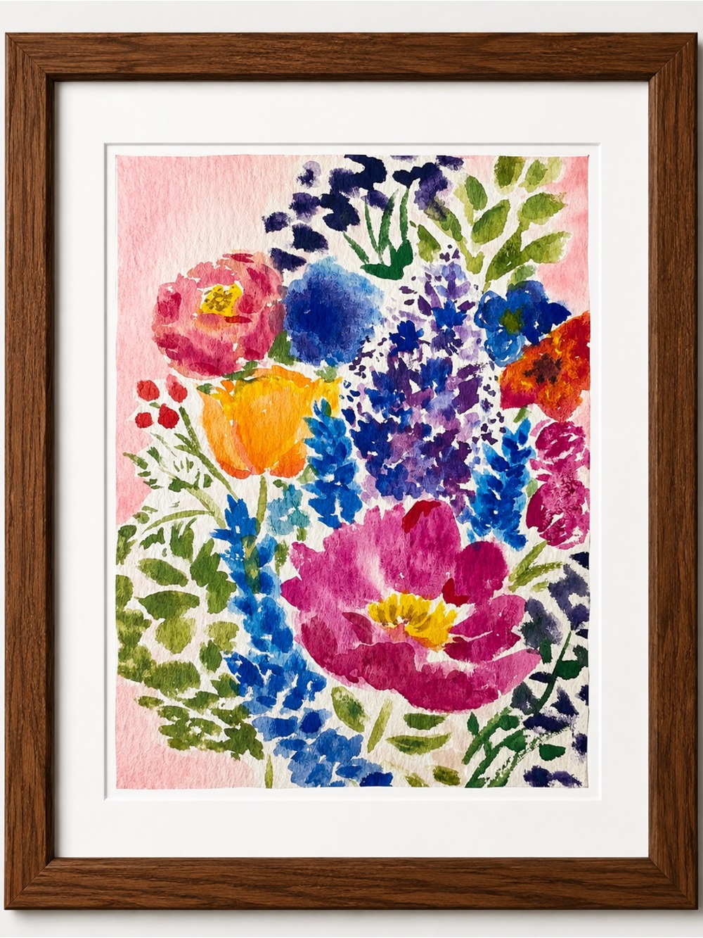 Floral Watercolor Bouquet Wall Art - Pink, Blue & Green